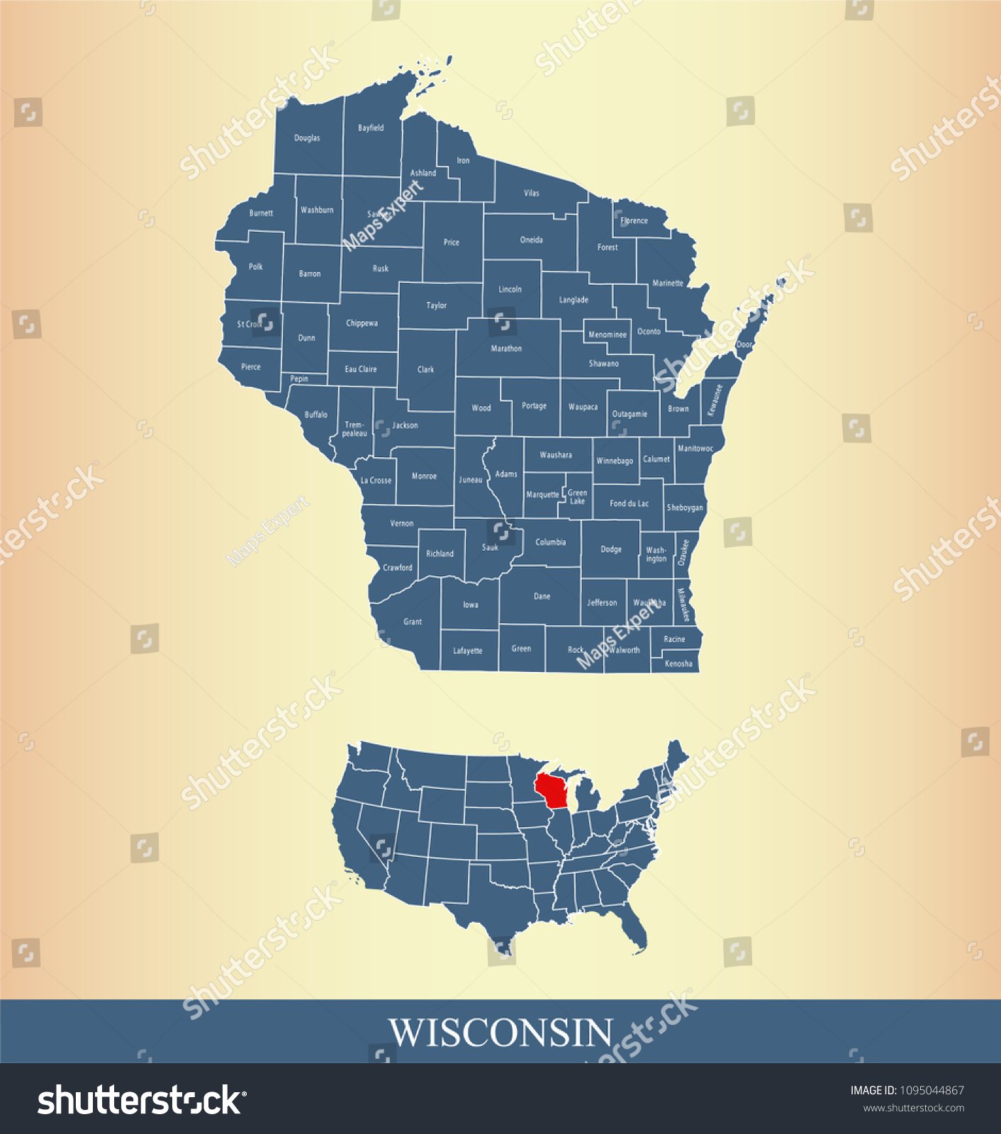 Wisconsin county map with names. Wisconsin state - Royalty Free Stock ...