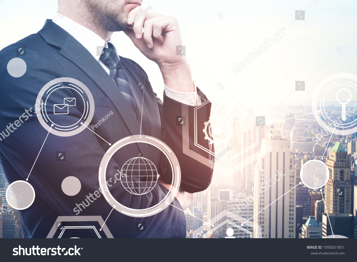 Thoughtful young european businessman standing on abstract city background with business hologram. Finance, innovation and touchscreen concept. Double exposure  #1095051851