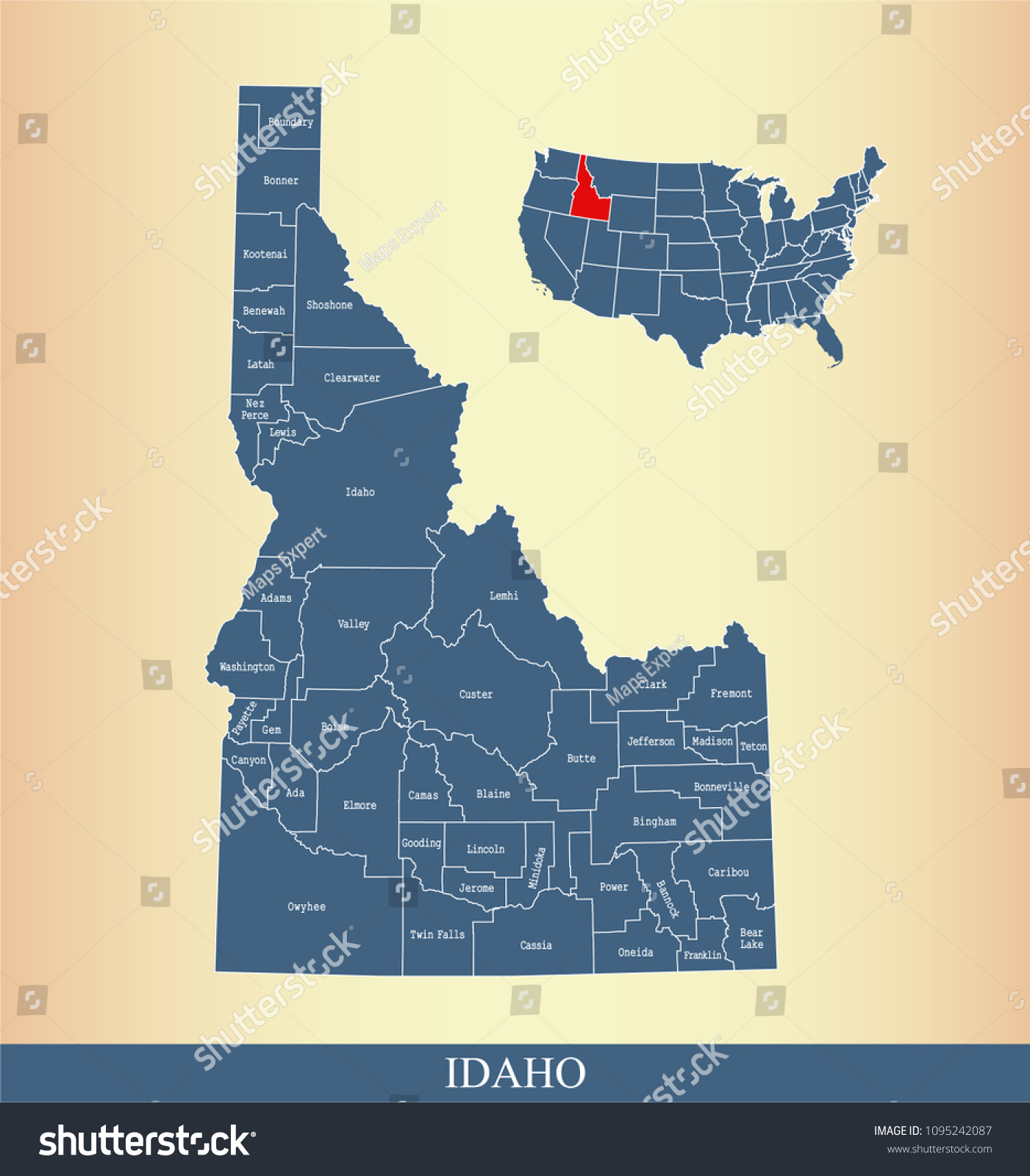 Idaho county map with names labeled. Idaho state of USA map vector outline  #1095242087