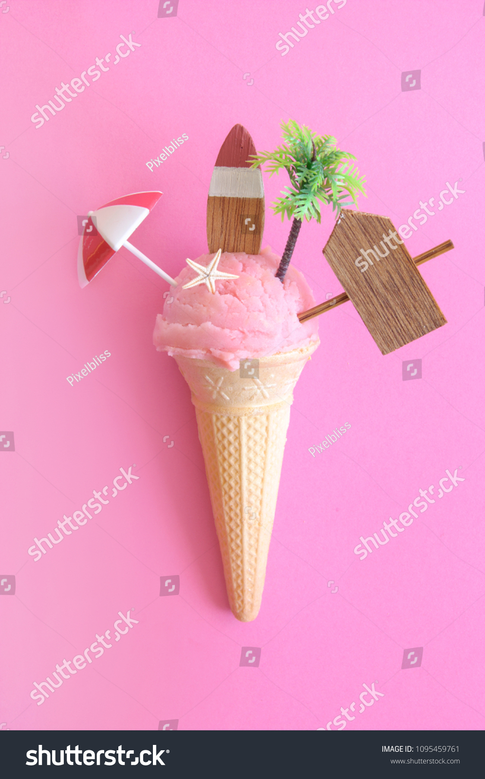 Strawberry icecream with summer beach objects #1095459761