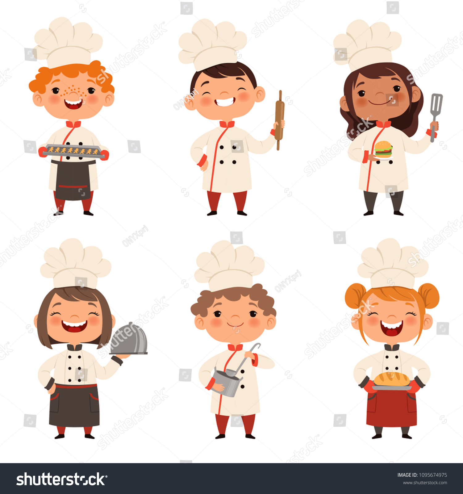 Characters set of children cooks. Cartoon mascots in various dynamic poses. People boy and girl chef in white hat, vector illustration #1095674975
