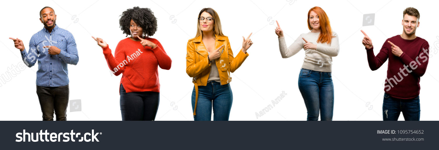 Group of cool people, woman and man pointing away side with fingers #1095754652