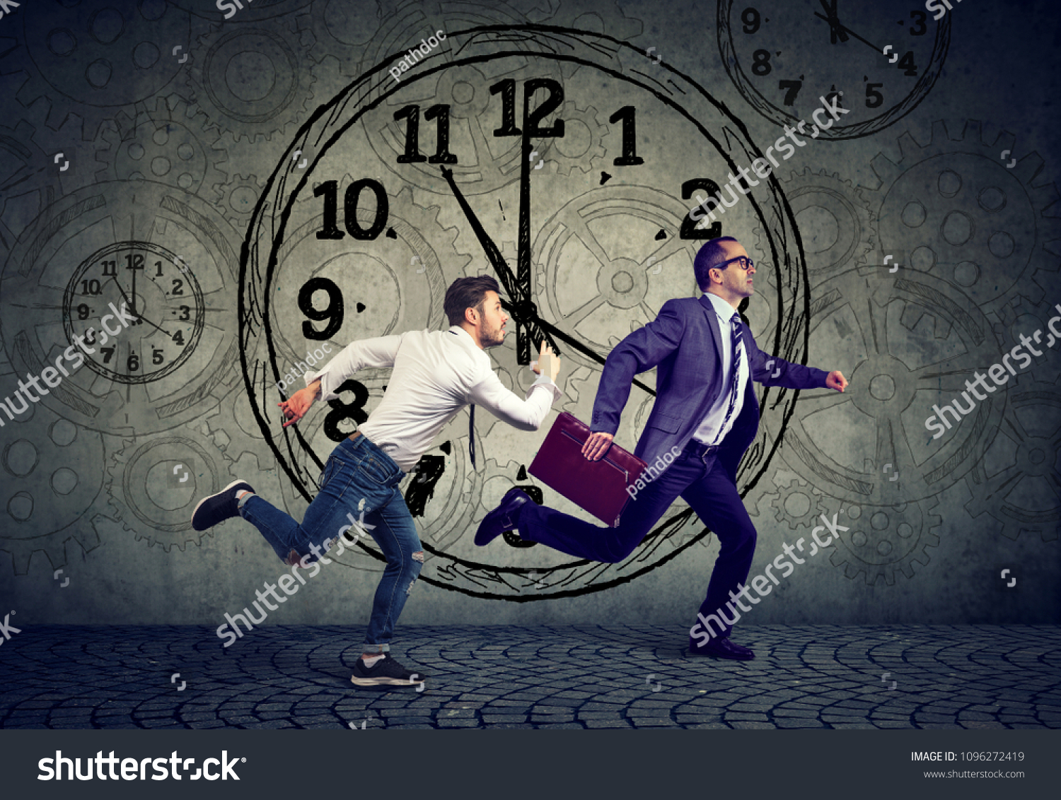 Side view of two businessmen under time pressure competing while running. Challenge for better job concept.  #1096272419