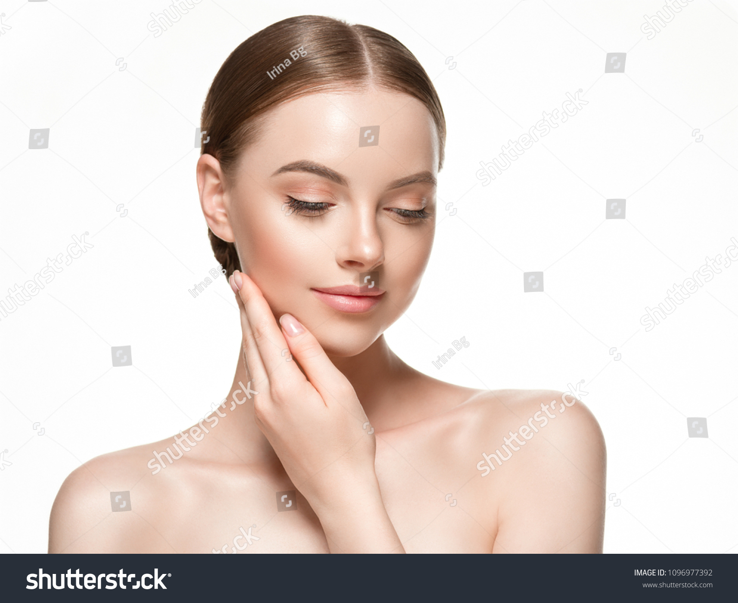Beautiful woman female skin care healthy hair and skin close up face beauty portrait #1096977392