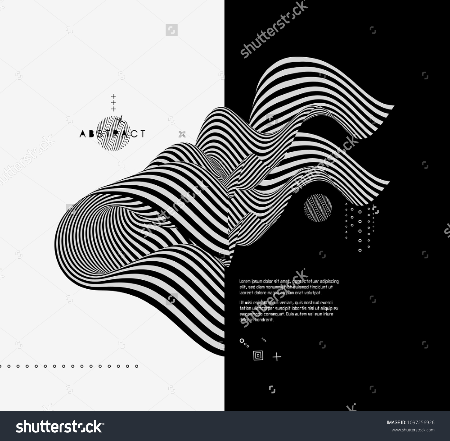 Black and white design. Pattern with optical illusion. Abstract 3D geometrical background. Vector illustration #1097256926