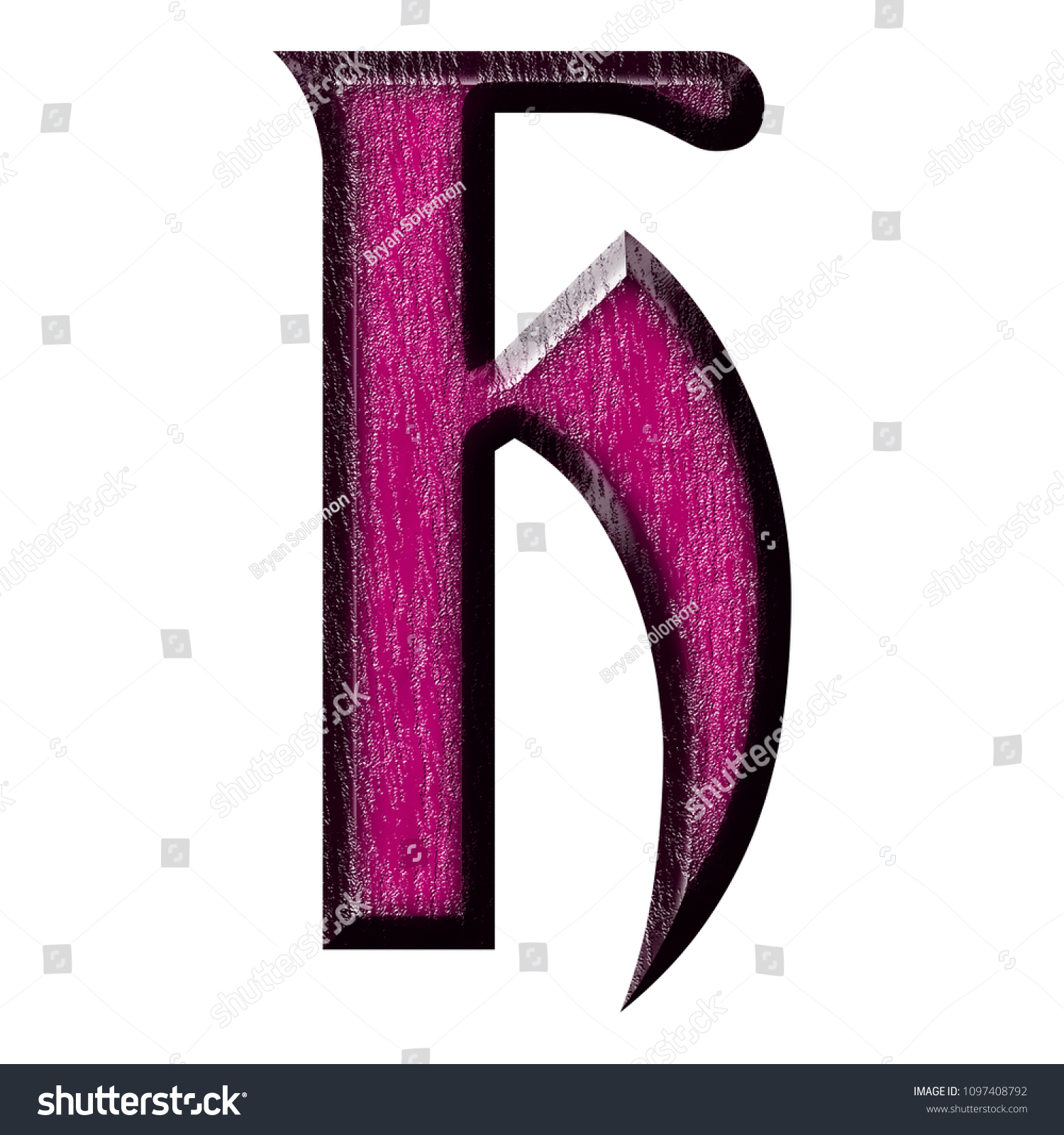 Pink painted wood letter H in a 3D illustration with a dark pink color beveled wooden textured style with a gradient edge in a royal ancient font on white with clipping path #1097408792