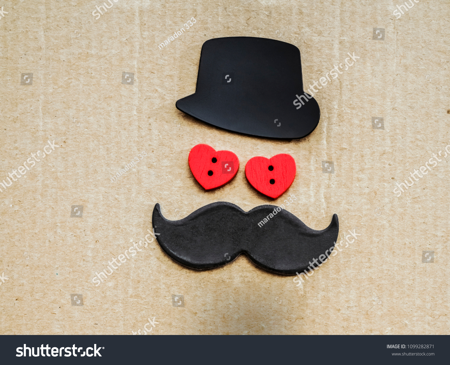 Happy Valentine's Day concept with tie, bow, hat and two red heart with facial expressions. amour lie on cartoon background. male personage. Valentines day card hearts. i love you #1099282871