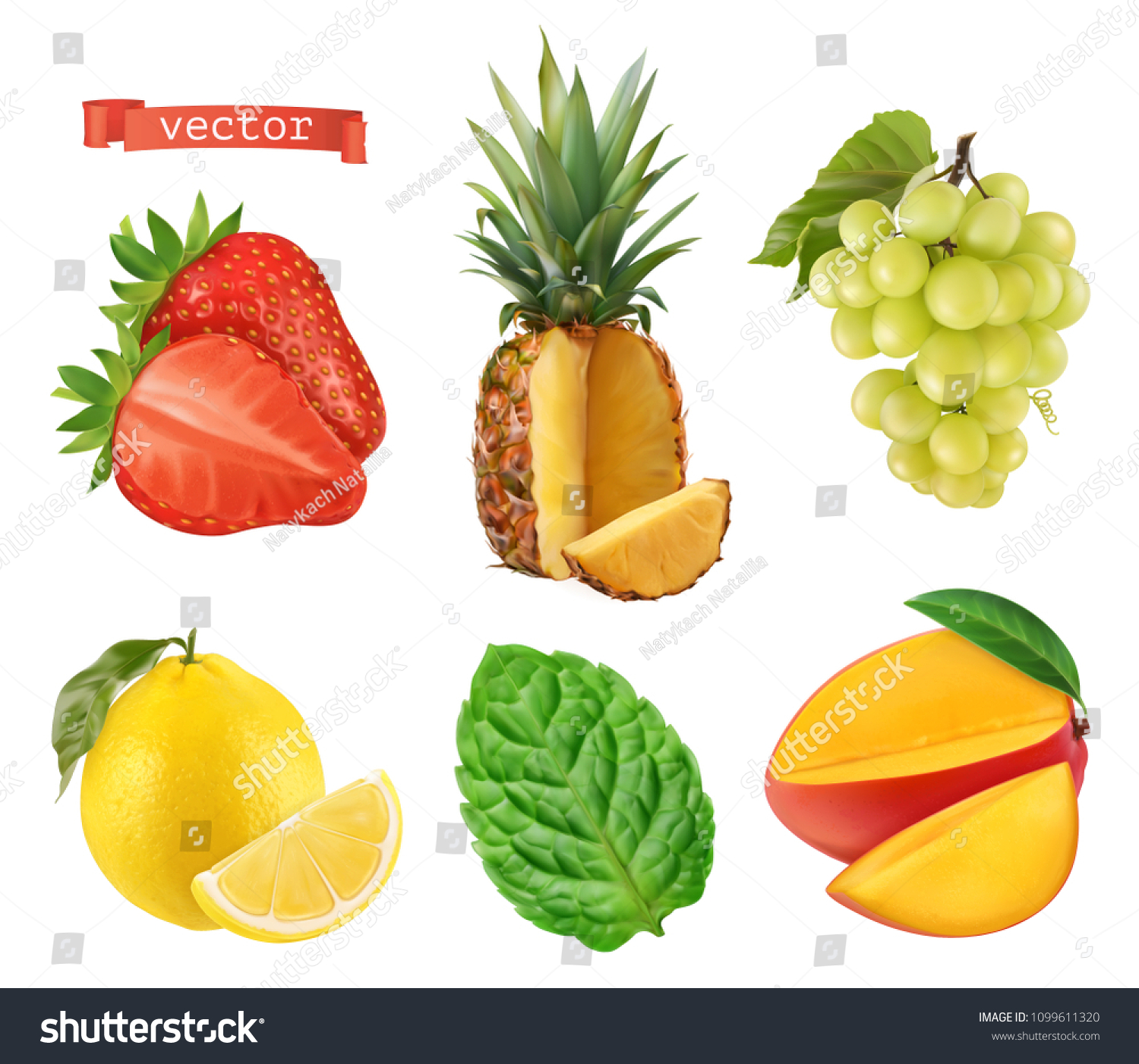 Fresh fruit. Strawberry, pineapple, grapes, lemon, mint and mango. 3d vector icons set. Realistic #1099611320