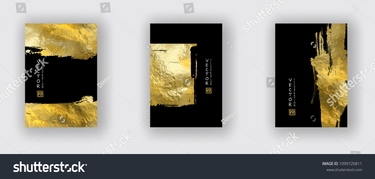 Vector Black and Gold Design Templates set for Brochures, Flyers, Mobile Technologies, Applications, Online Services, Typographic Emblems, Logo, Banners. Golden Abstract Modern Backgro #1099720811