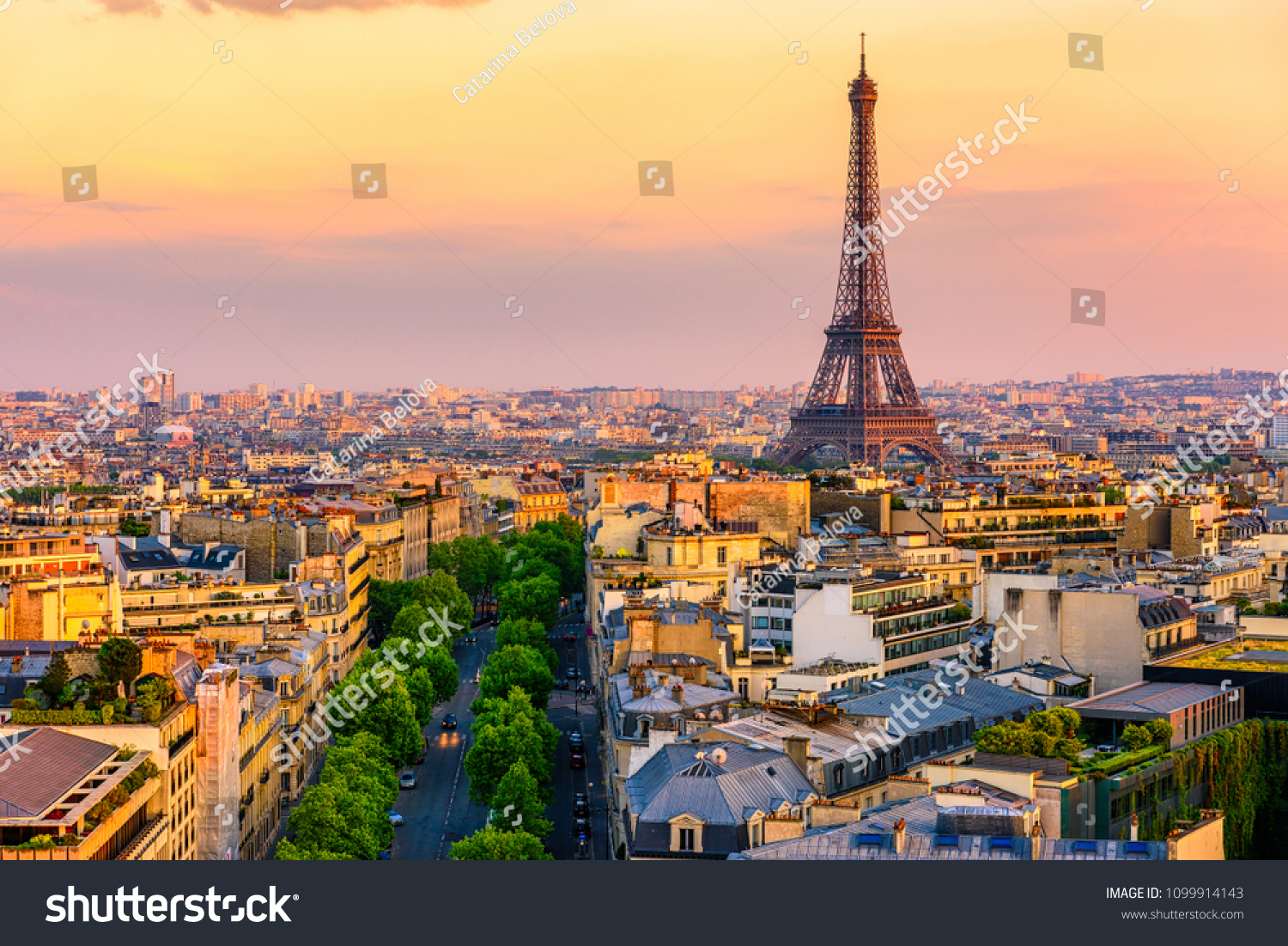 Skyline of Paris with Eiffel Tower in Paris, France. Panoramic sunset view of Paris #1099914143