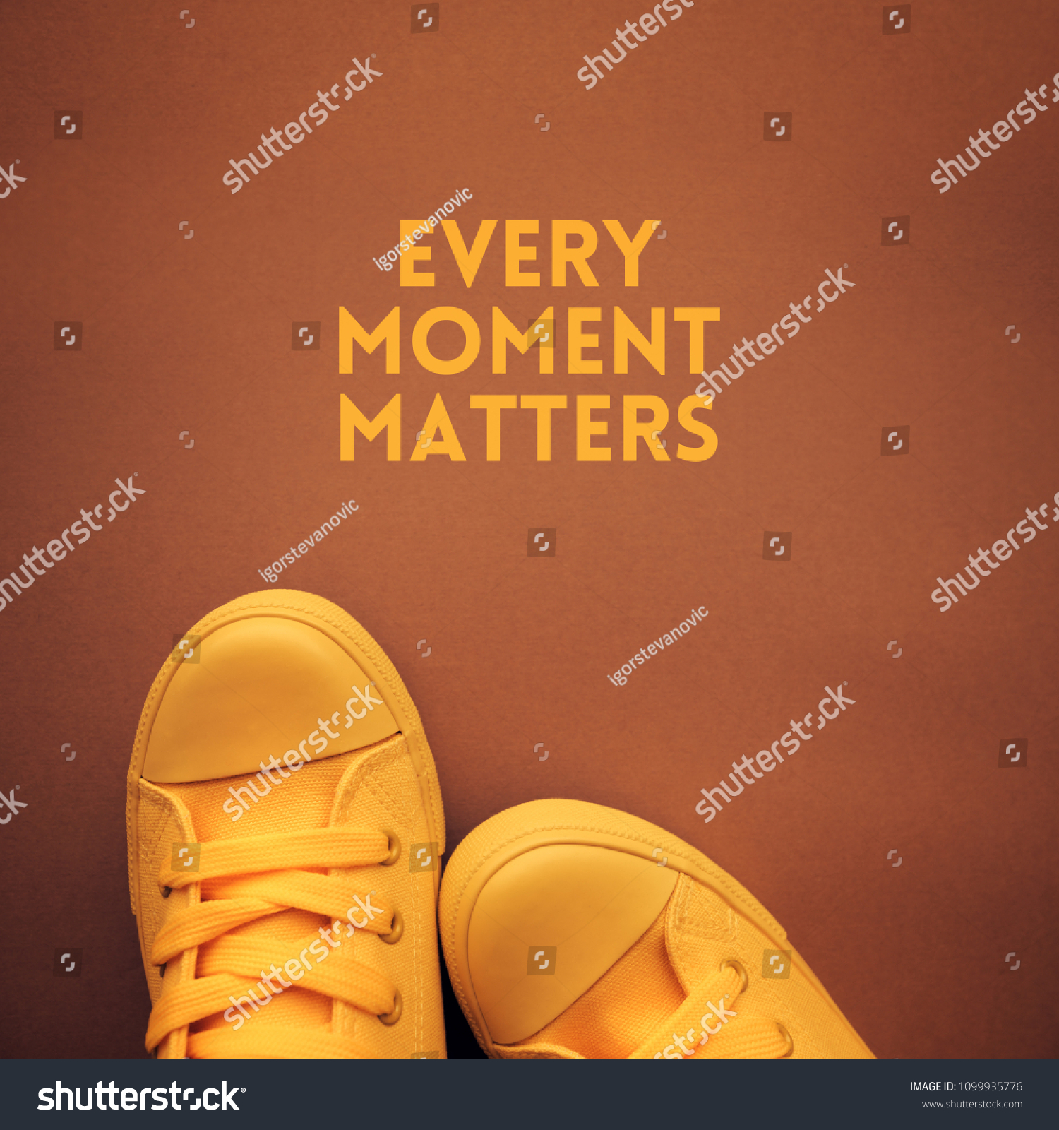 Every moment matters motivational quote, young person in casual canvas shoes standing over the text #1099935776