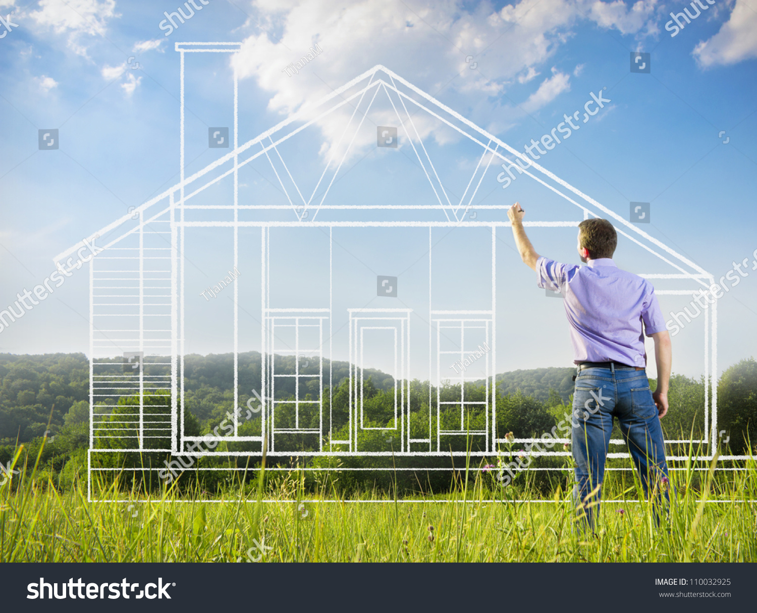 Man drawing a house in a field #110032925