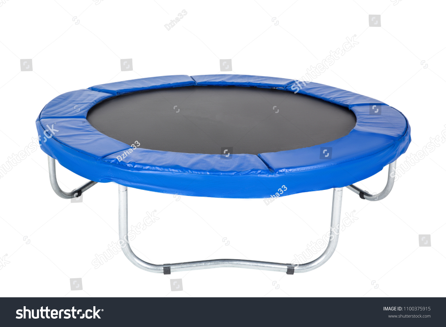 Trampoline for children and adults for fun indoor or outdoor fitness jumping on white background. Blue trampoline Isolated  #1100375915