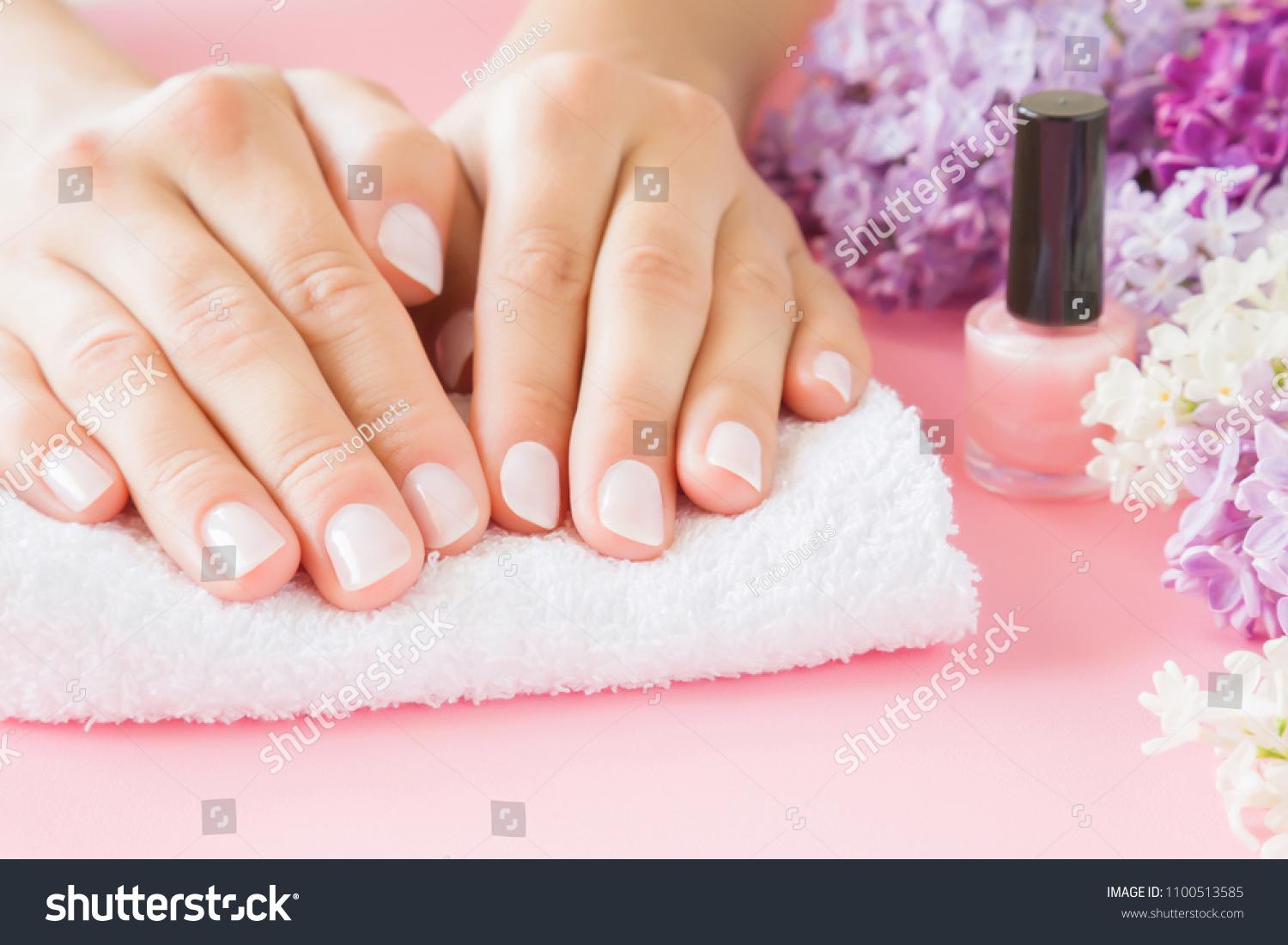 Young, perfect, groomed woman's hands on white towel. Nail varnishing in light pink color. Nails care. Manicure, pedicure beauty salon. Beautiful branches of lilac blossoms. Colorful, fresh flowers.
 #1100513585