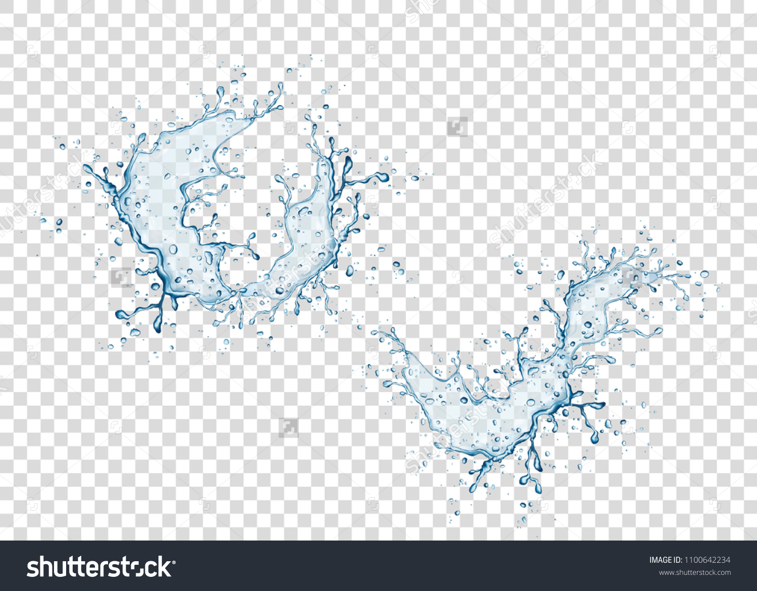 Water splash and drops isolated on transparent background. Vector texture. #1100642234