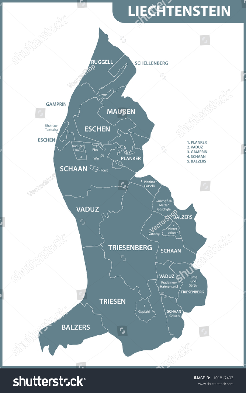 The detailed map of Liechtenstein with regions - Royalty Free Stock