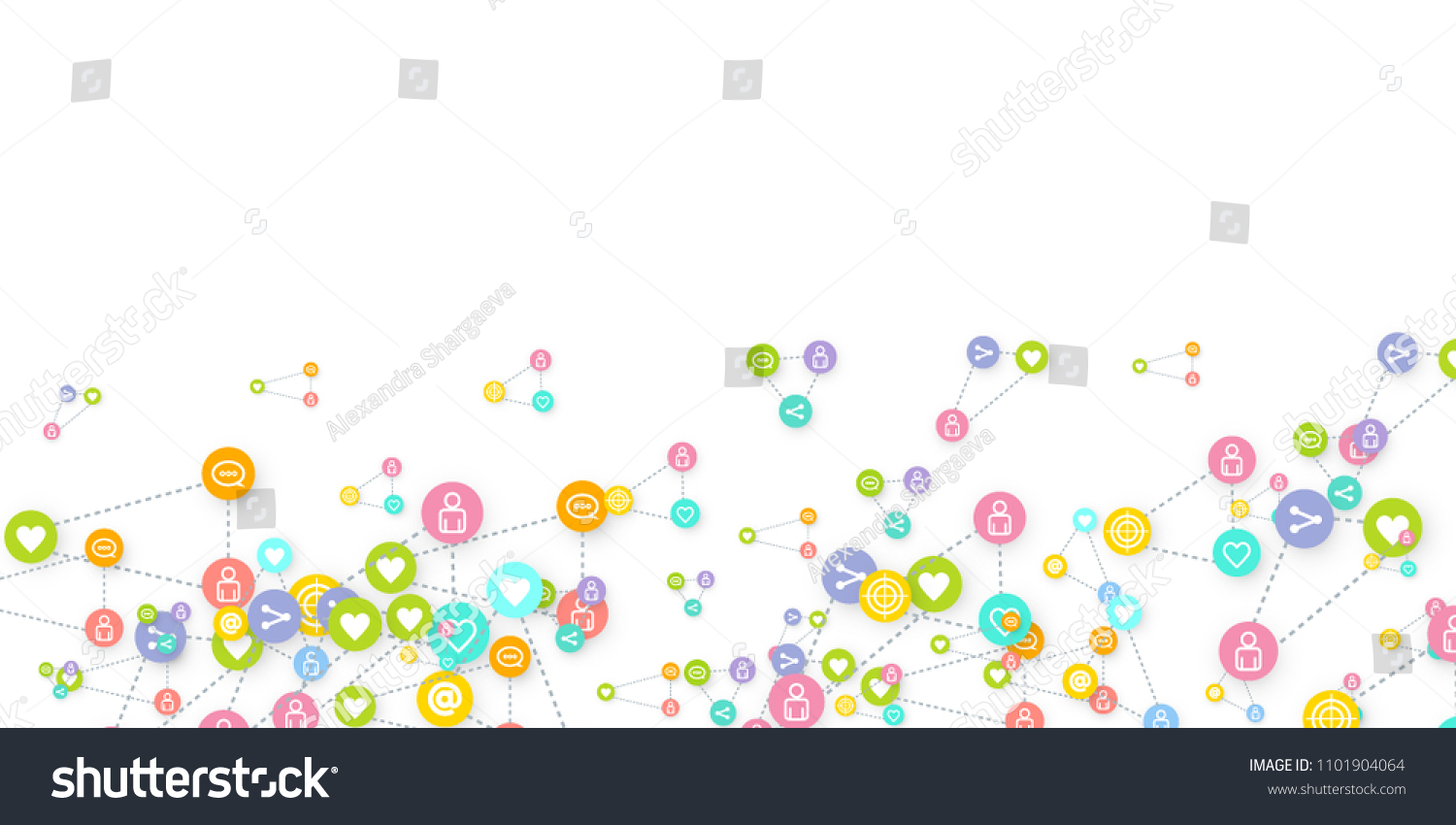 Social media marketing, Communication networking concept. Random icons social media services tags linked on white background. Comment, friend, like, share, target, message. Vector Internet concept. #1101904064