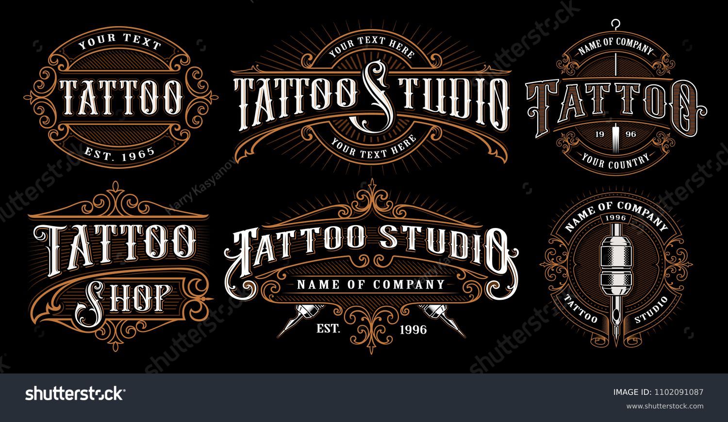 Set of vintage tattoo emblems, logos, badges, shirt graphics. Tattoo lettering illustration. All elements, text are on the separate layer. (VERSION FOR DARK BACKGROUND). #1102091087