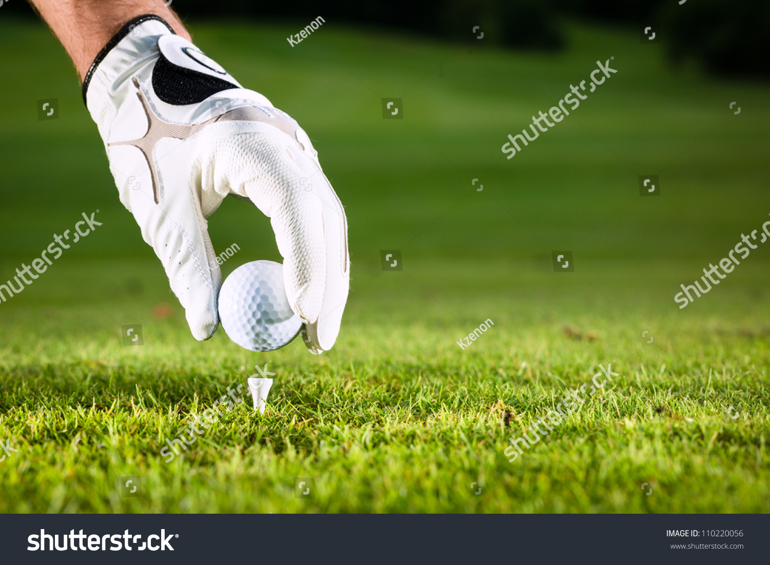 Hand hold golf ball with tee on course, close-up #110220056