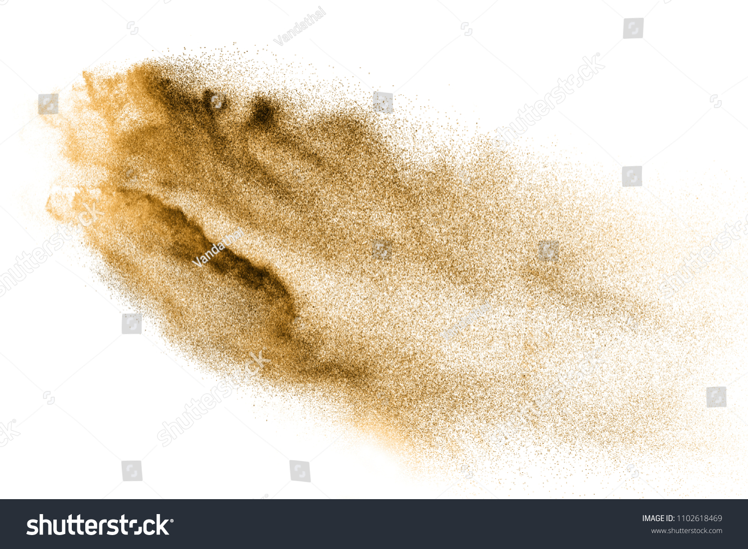 Golden sand explosion isolated on white background. Abstract sand cloud. Gold sand splash against on clear background. Sandy fly wave in the air. #1102618469
