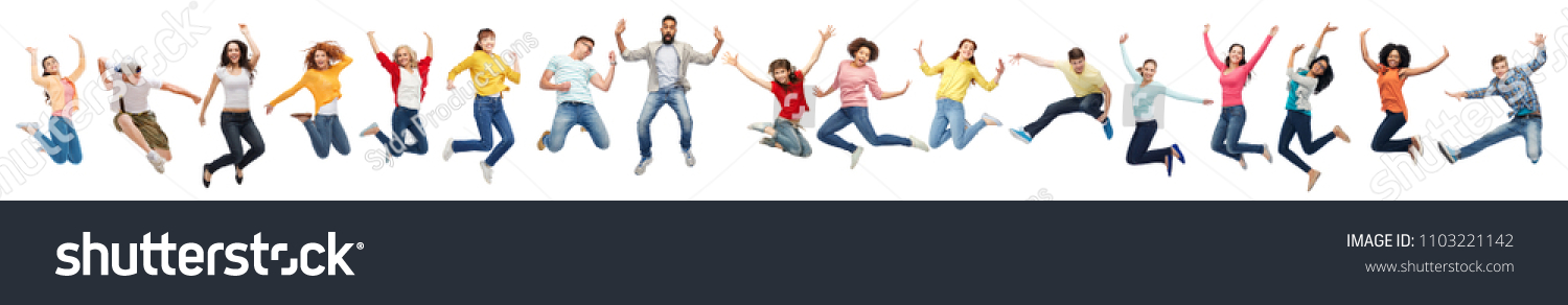 happiness, freedom, motion and diversity concept - happy people jumping in air over white background #1103221142