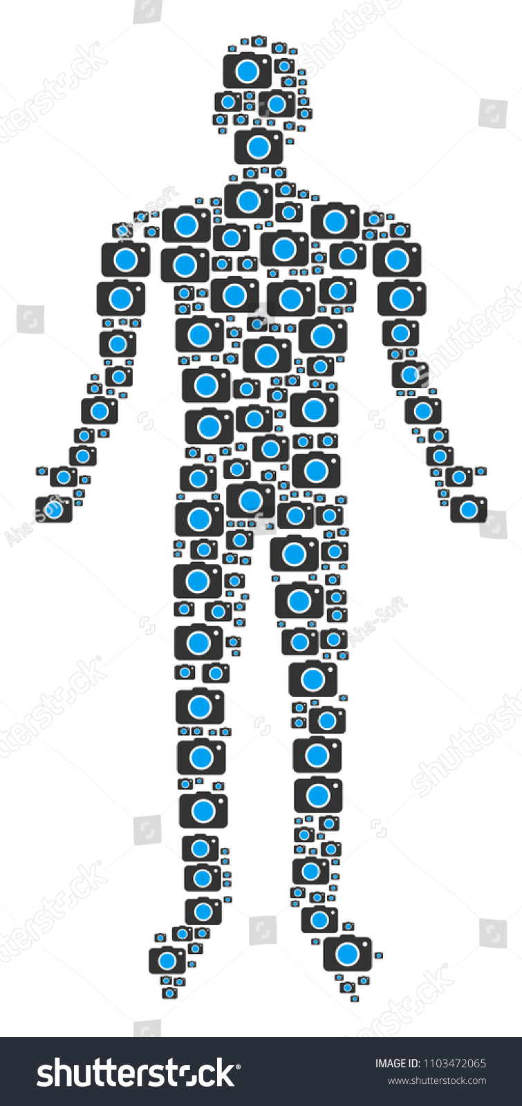 Photo camera man avatar. Vector photo camera icons are organized into male collage. #1103472065