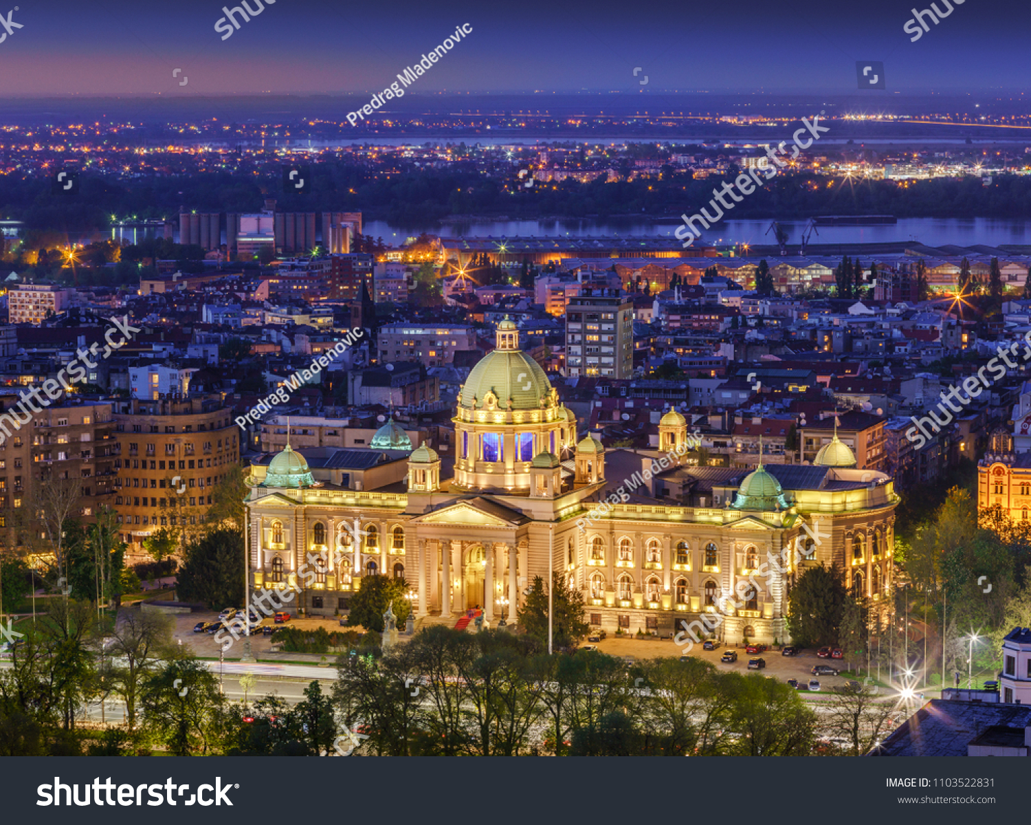Aerial view the House of the National Assembly of the Republic of Serbia and Danube river by night #1103522831