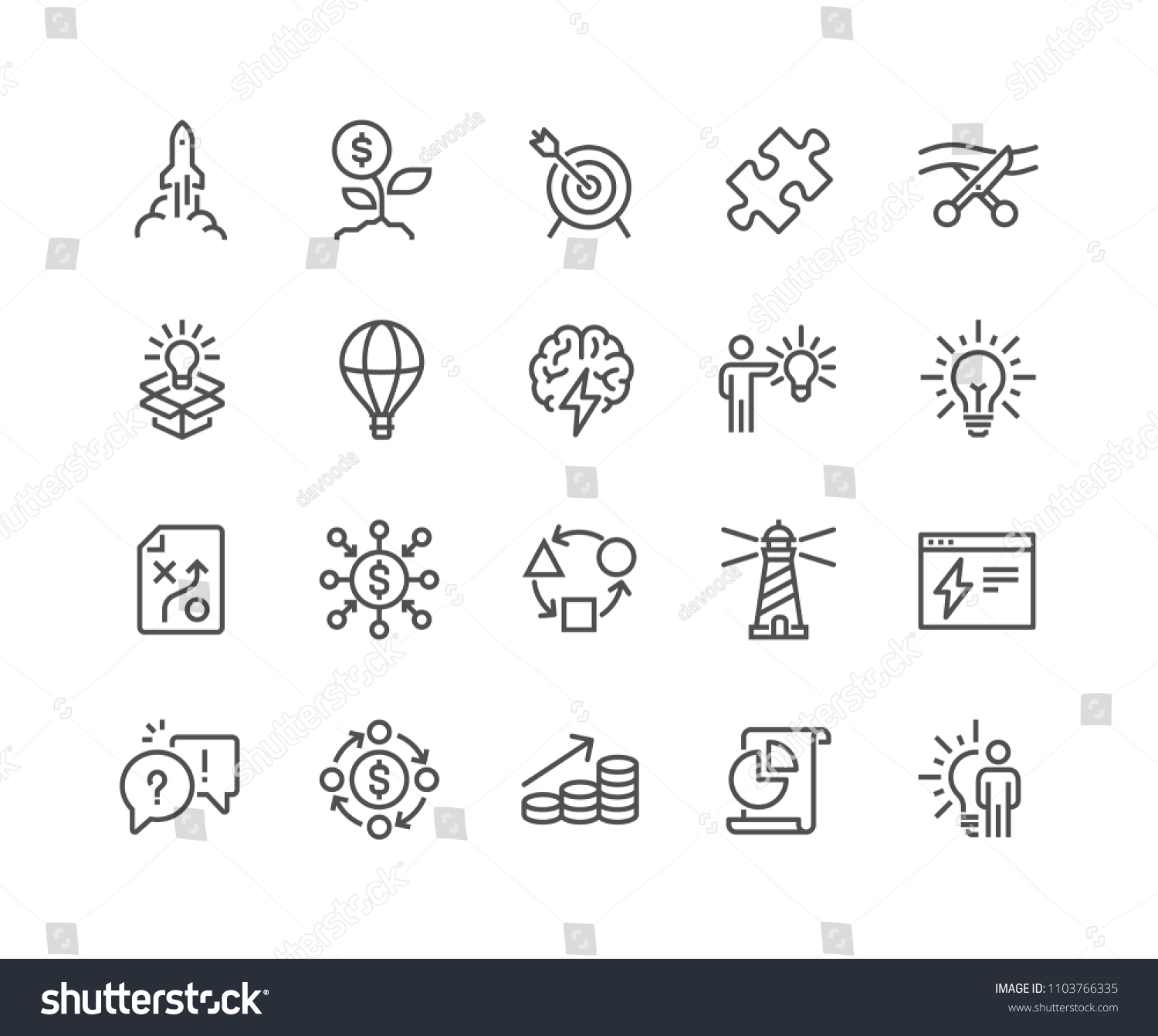 Simple Set of Startup Related Vector Line Icons. 
Contains such Icons as Goal, Out of the Box Idea, Launch Project and more.
Editable Stroke. 48x48 Pixel Perfect.
 #1103766335