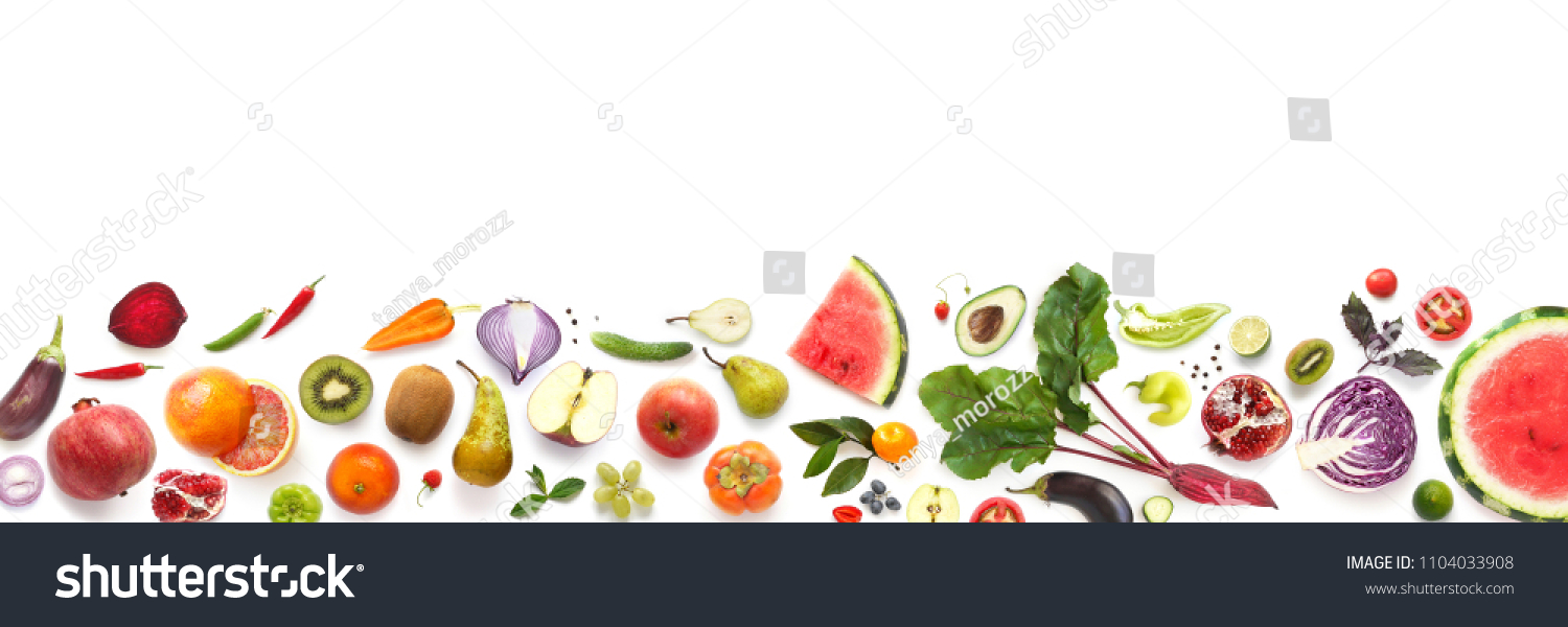 Banner from various vegetables and fruits isolated on white background, top view, creative flat layout. Concept of healthy eating, food background. Frame of vegetables with space for text. #1104033908