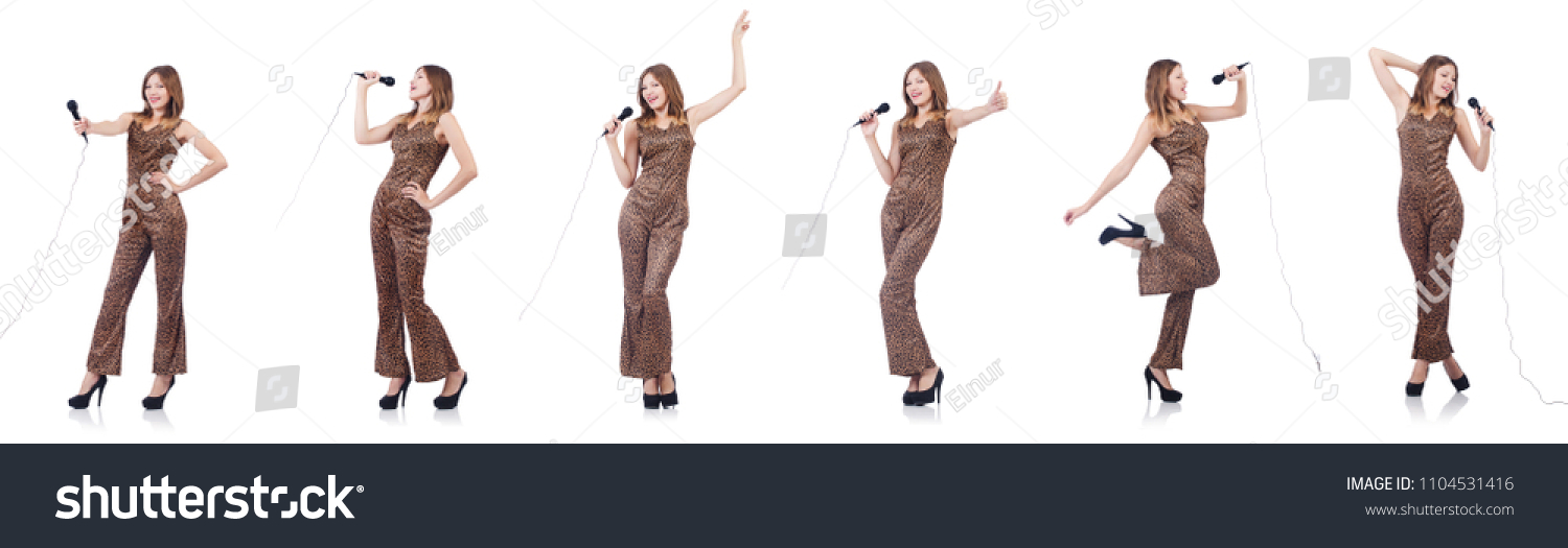Woman singer with microphone on white #1104531416
