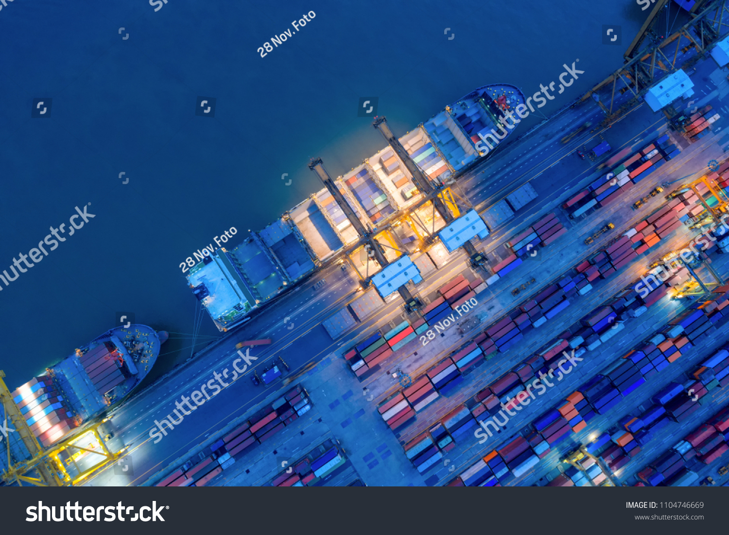 Aerial view of business port with shore crane loading container in container ship in import/export and business logistics with crane and shipping port .International transportation and port concept.  #1104746669