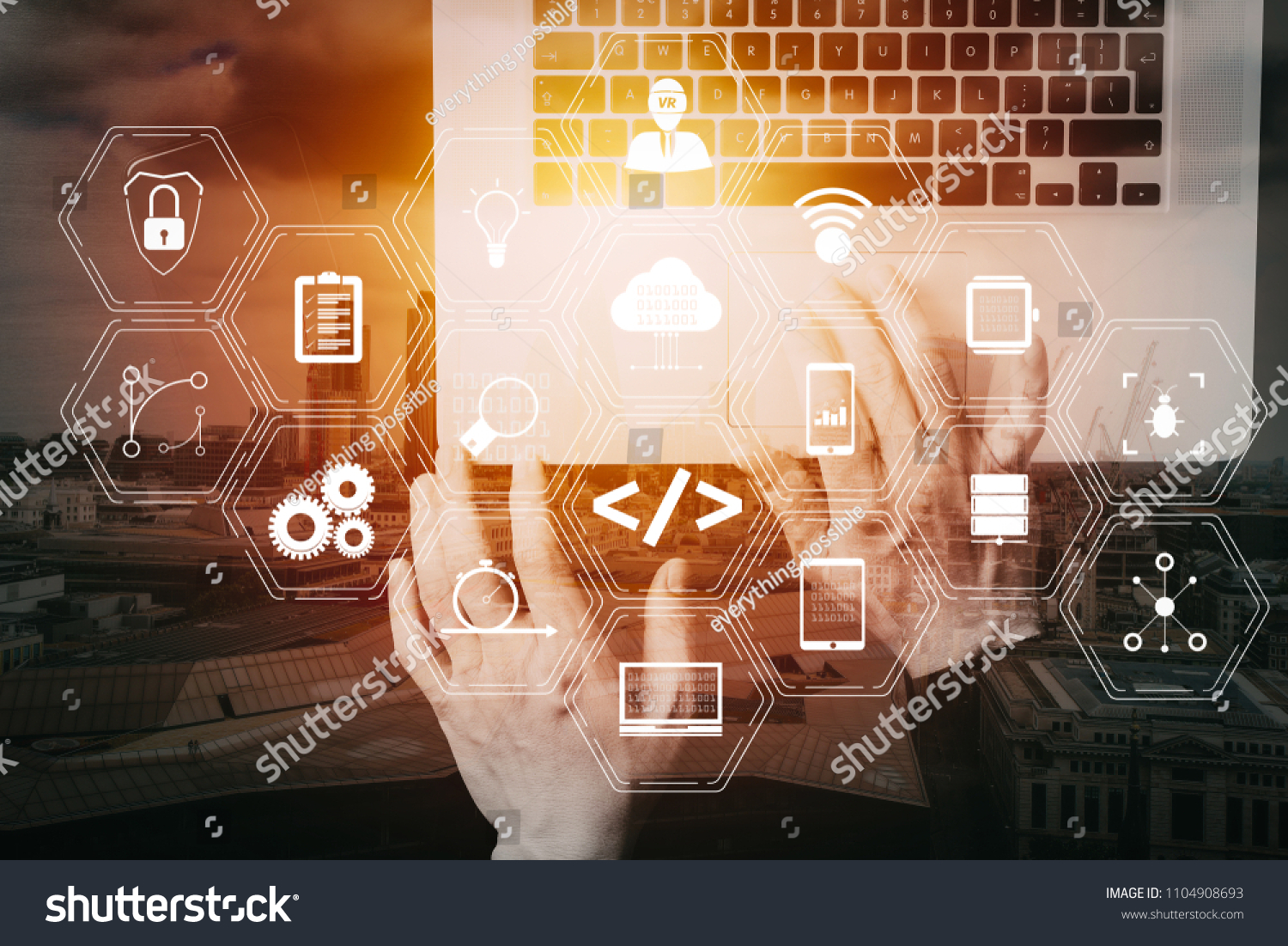 Coding software developer work with augmented reality dashboard computer icons of scrum agile development and code fork and versioning with responsive cybersecurity.Businessman hand working  VR screen #1104908693