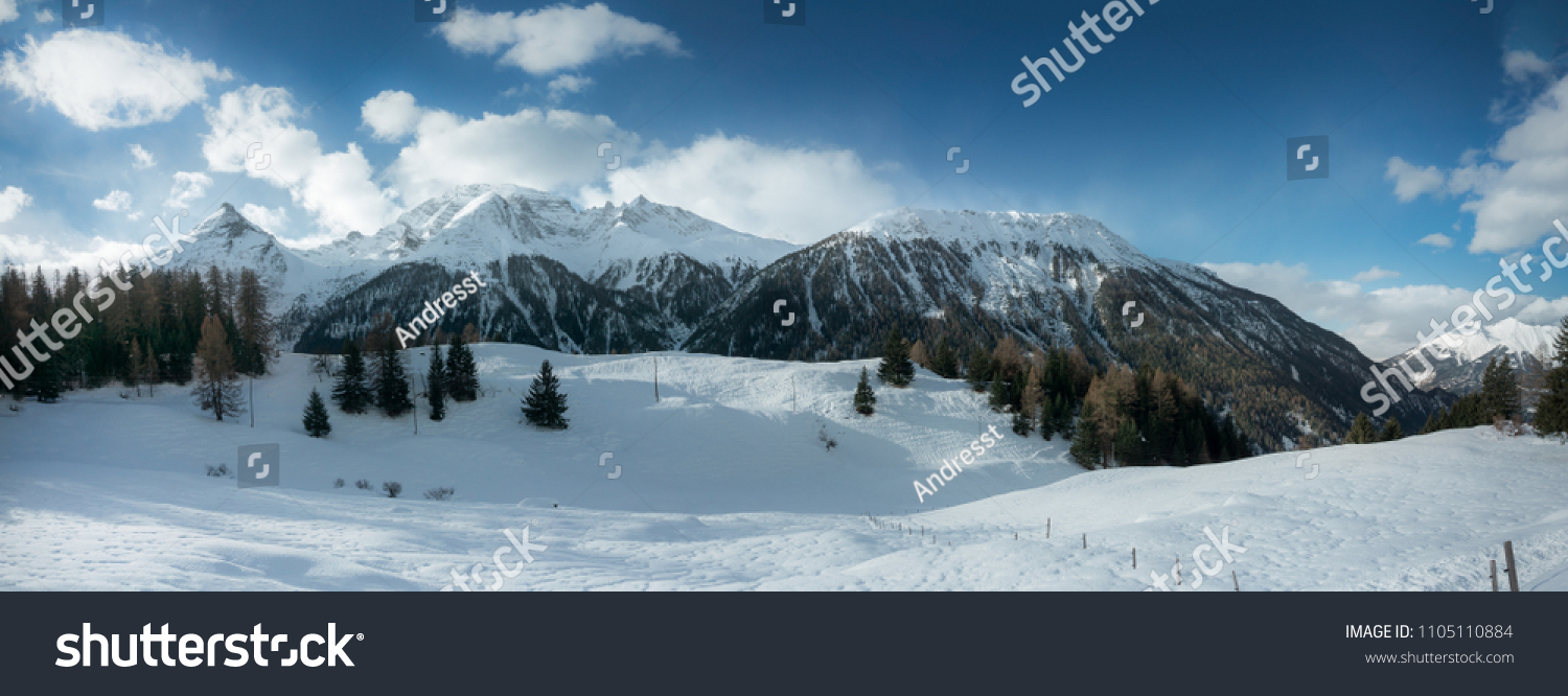 Winter landscape panorama mountain range in Switzerland sunny day. High resolution, 34 megapixels. #1105110884