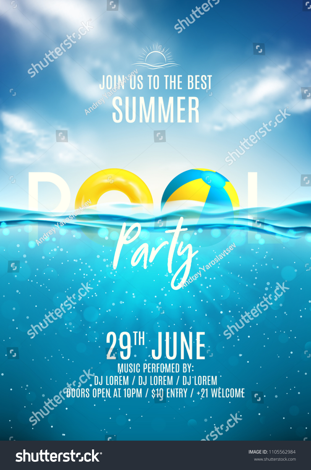 Summer pool party poster template. Vector illustration with deep underwater ocean scene. Background with realistic clouds and marine horizon. Invitation to nightclub. #1105562984