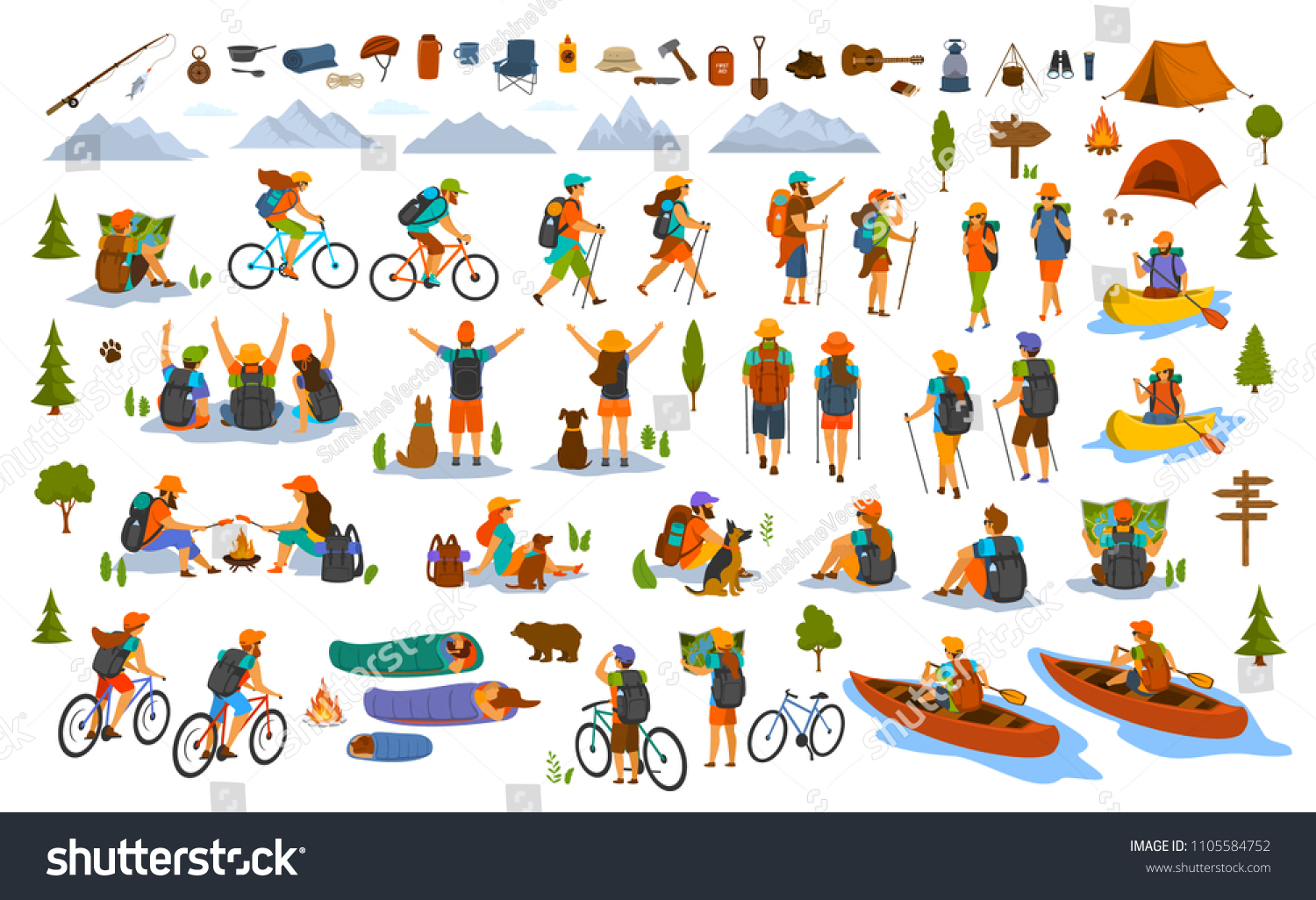 collection of hiking trekking people. young man woman couple hikers travel outdoors with mountain bikes kayaks camping, search location on map, sightseeing discover nature. isolated graphics set #1105584752