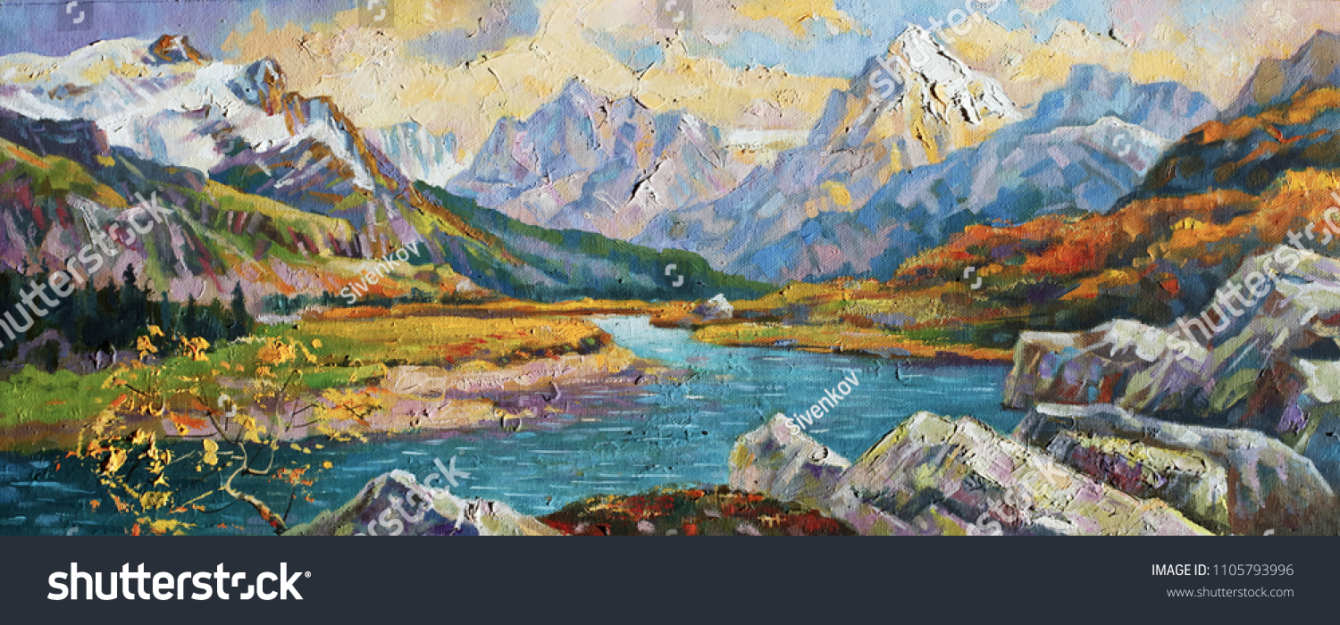 
An oil painting on canvas. Autumn in the mountains of Caucasus. Artistic work in bright and juicy tones. #1105793996