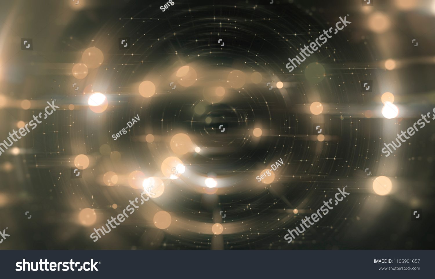 Abstract gold bokeh circles on a black background. Spectacular illustration with particles and rays. #1105901657
