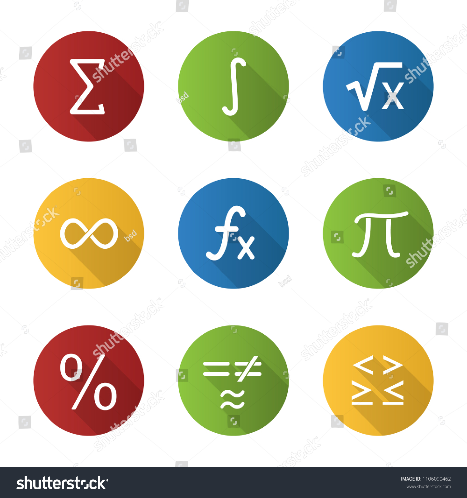 Mathematics flat design long shadow glyph icons set. Math symbols. Algebra. Vector silhouette illustration #1106090462
