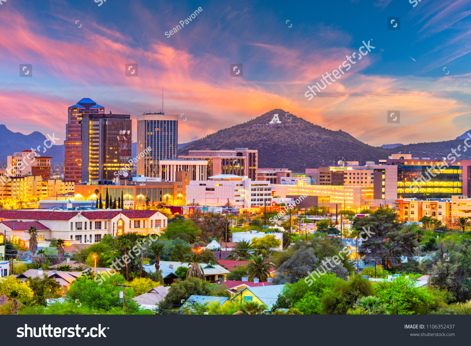 Tucson, Arizona, USA downtown skyline with Sentinel Peak at dusk. (Mountaintop "A"  for "Arizona") #1106352437