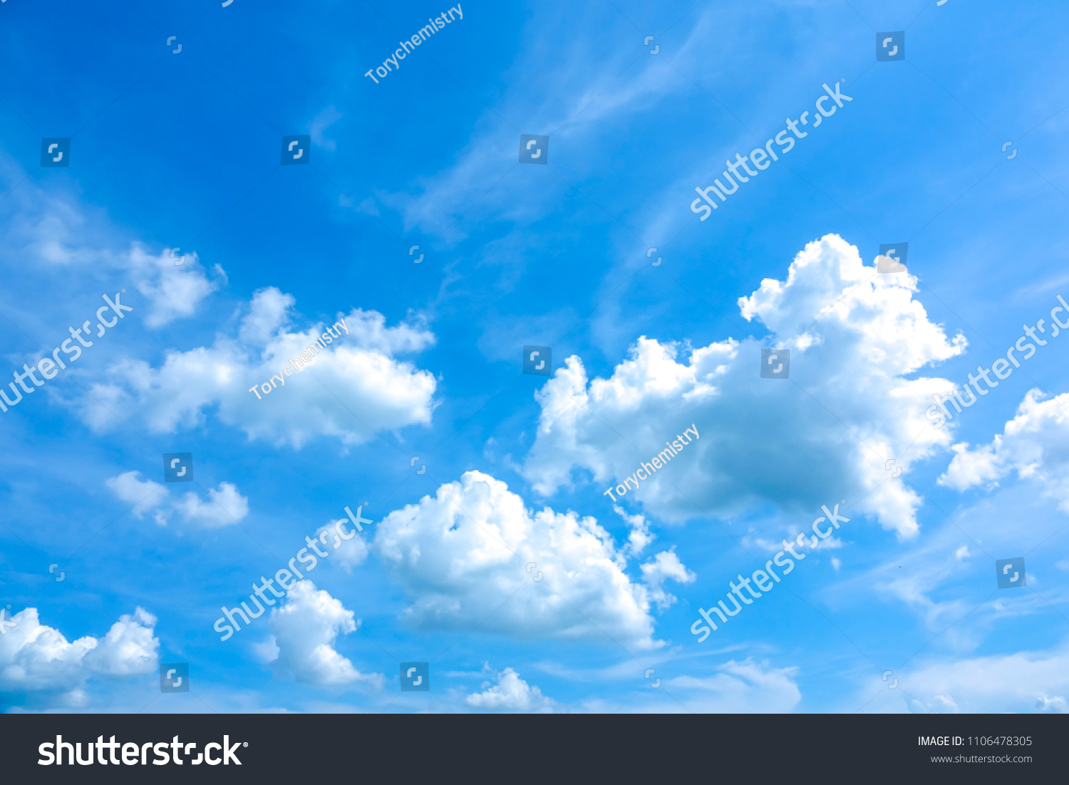 Sky blue or azure sky and clouds is bright white background. Everything lies above surface atmosphere outer space is sky. Cloud is aerosol comprising visible mass  liquid, for creative design graphic #1106478305