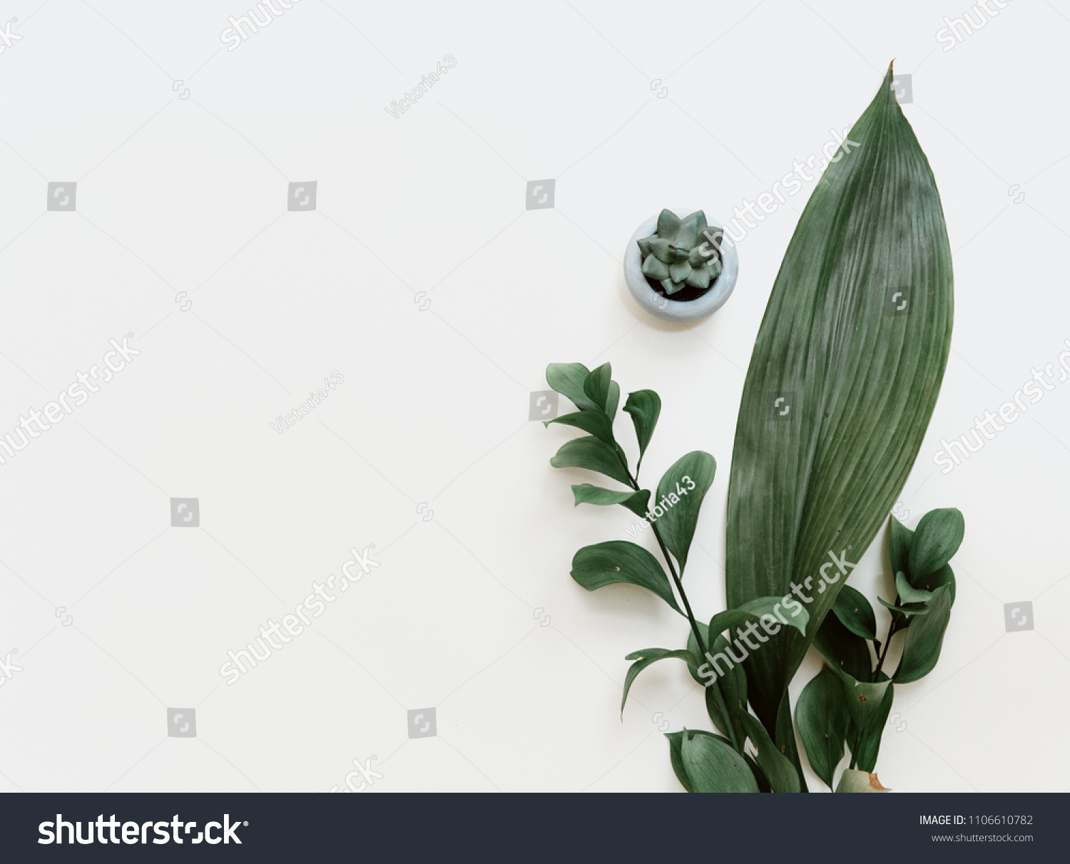Minimal green leaf on pastel background. Flat lay, top view, copy space  #1106610782