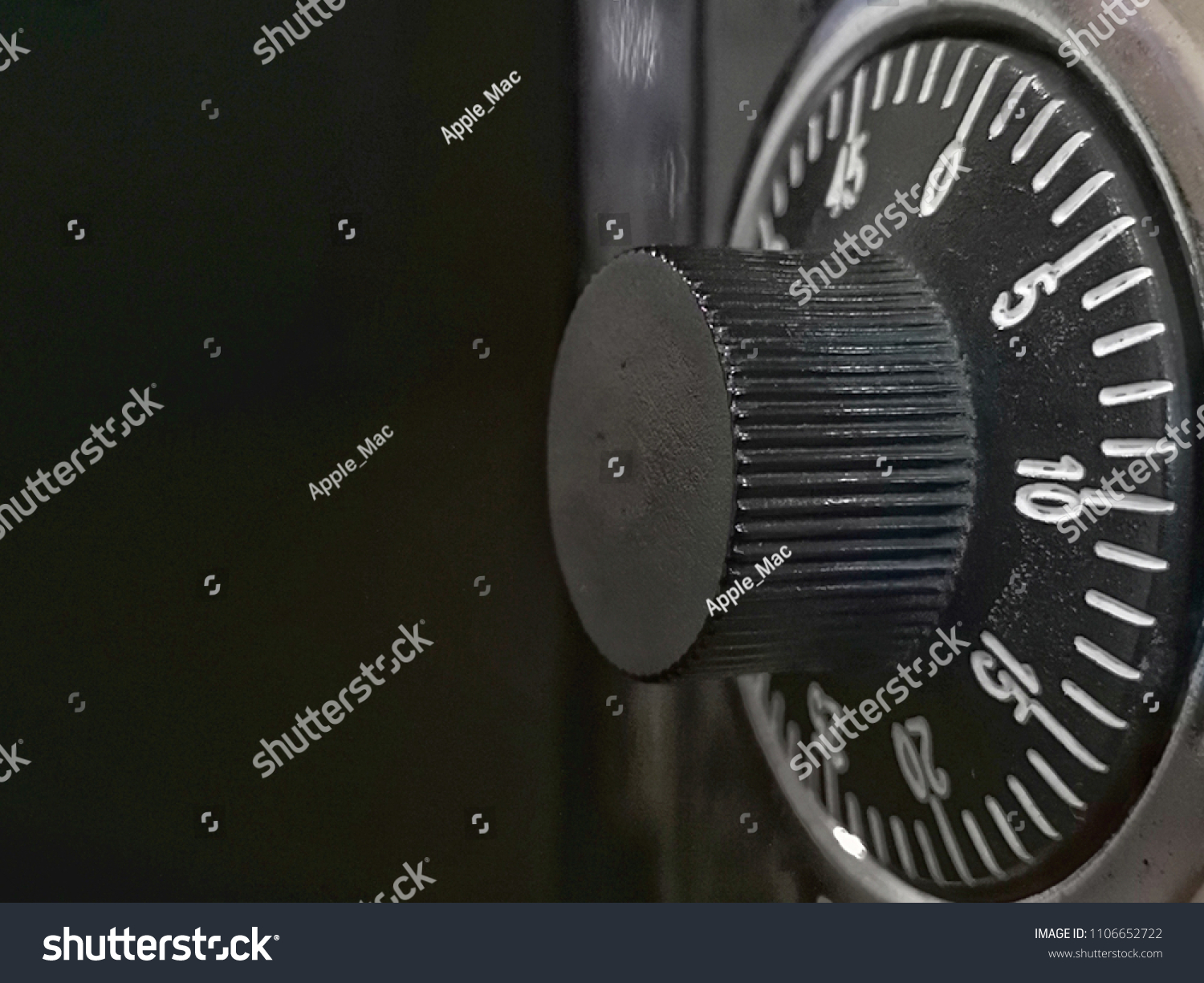 Focus combination dial safe of deposit box on black background. Security concept. Protect your money or jewelry. Copy space. #1106652722