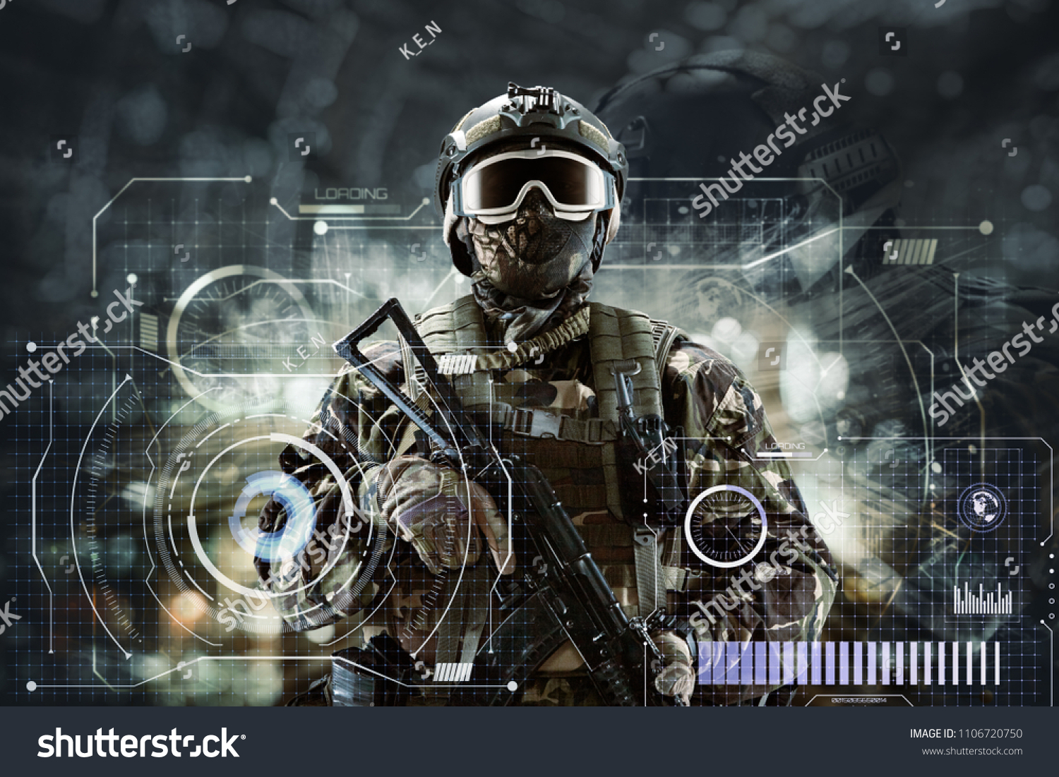Soldier special forces in glasses with weapons in their hands on a futuristic background.  Military concept of the future. #1106720750