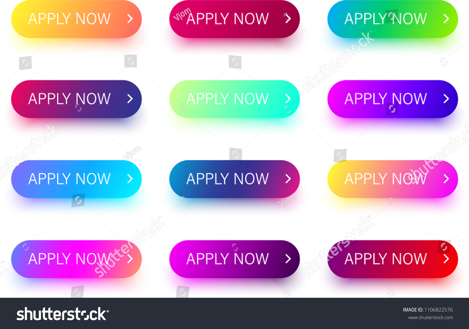 Set of bright colorful apply now buttons isolated on white background. Vector illustration.
 #1106822576