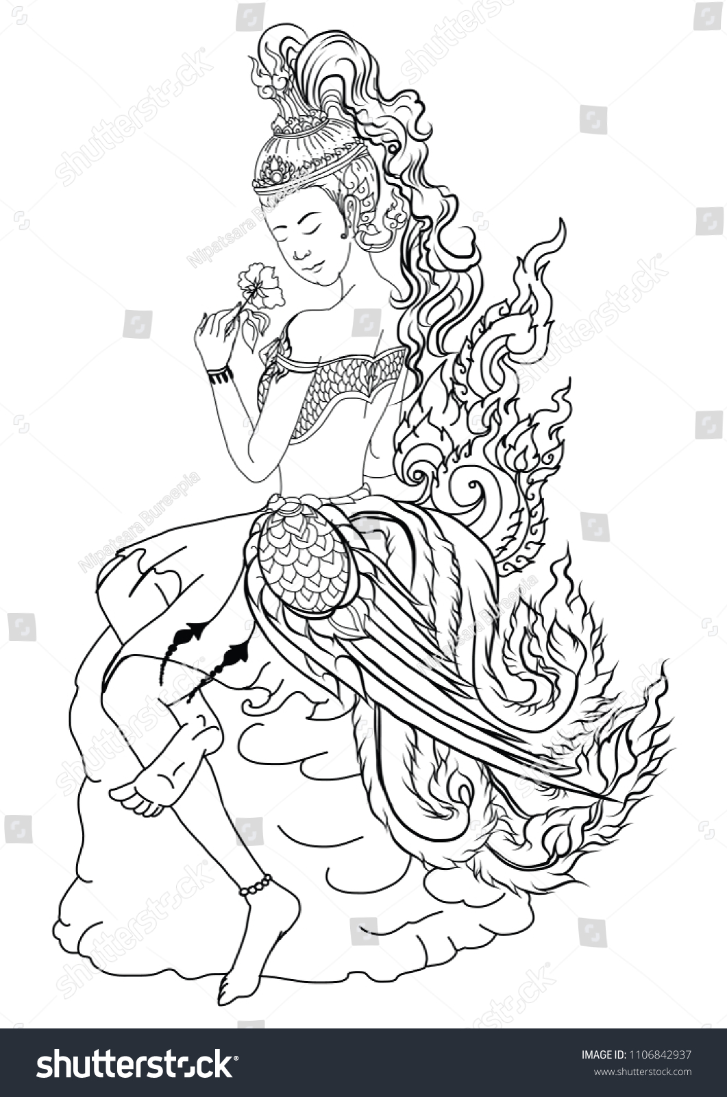 Kinnaree lady tattoo.Thai pattern and Ancient art Young lady with flower.beautiful Thai girl doodle art and coloring book Line Thai style.Line art for Thailand tattoo design. #1106842937