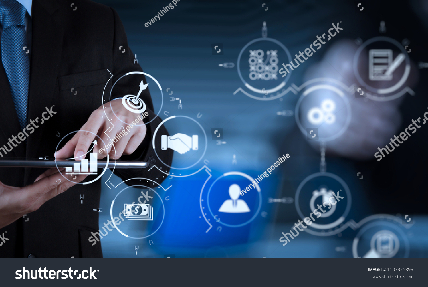 Business process management with workflow automation diagram and gears in virtual flowchart.businessman success working computer touch screen with his team as concept  #1107375893