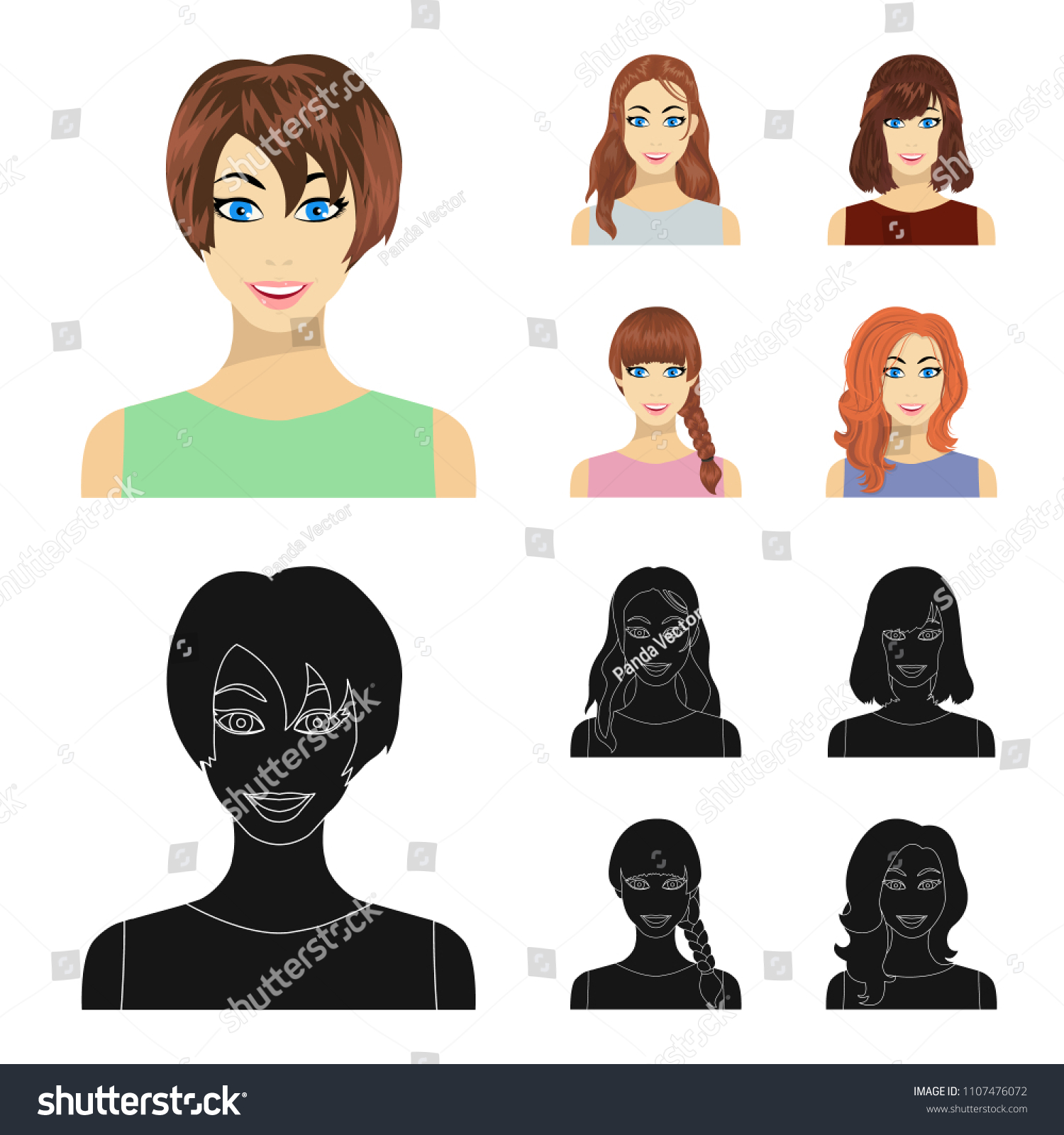 Types of female hairstyles cartoon,black icons in set collection for design. Appearance of a woman vector symbol stock web illustration. #1107476072
