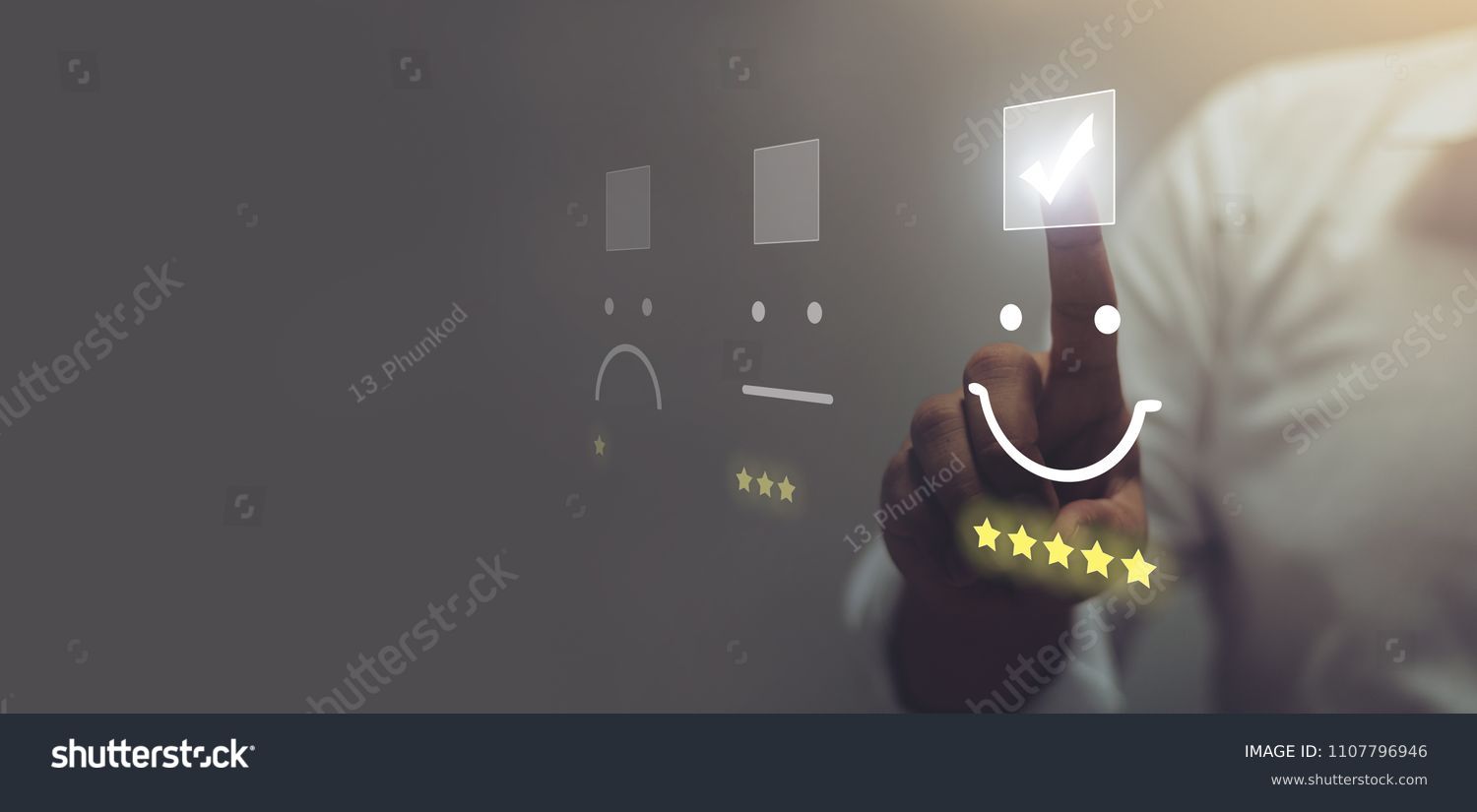 Businessman pressing smiley face emoticon on virtual touch screen. Customer service evaluation concept. #1107796946