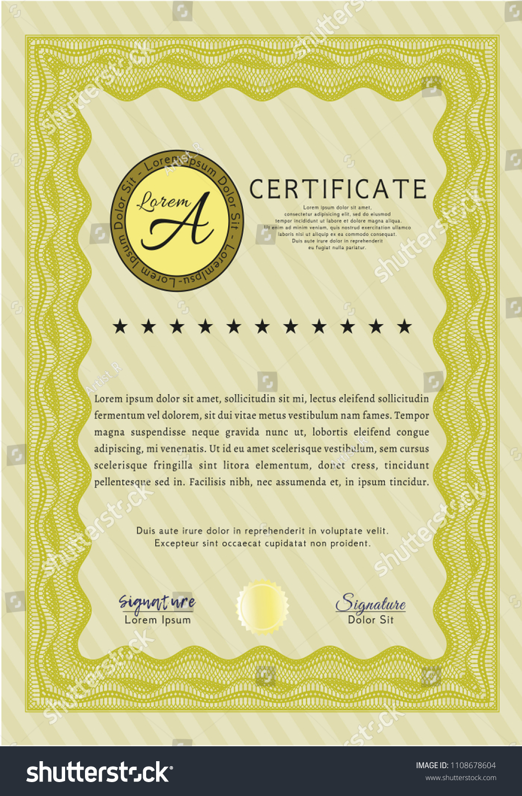 Yellow Sample Diploma. Perfect design. Detailed. Printer friendly.  #1108678604