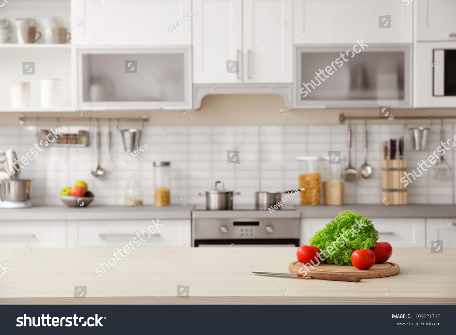 Products and blurred view of kitchen interior on background #1109221712